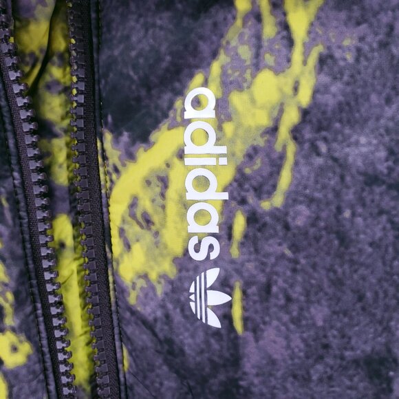 Adidas Adventure Purple Yellow Splatter Print Quilted Puffer Jacket Vest Hooded - Picture 13 of 15